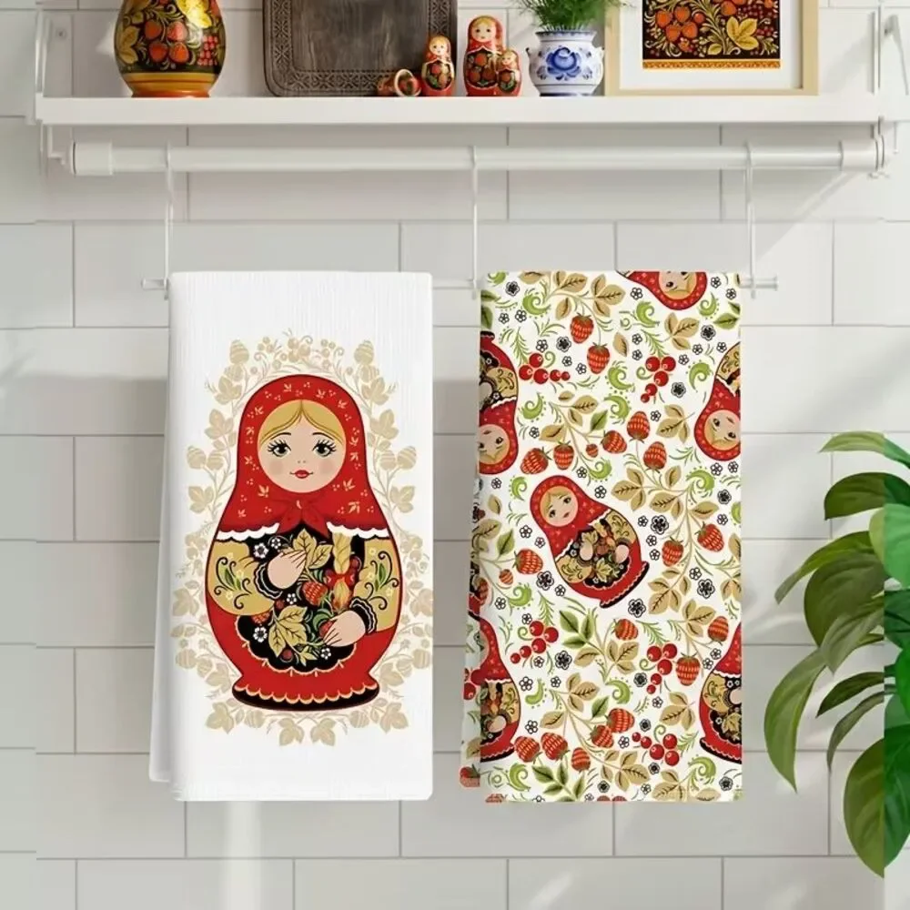 Russian Matryoshka Nesting Doll Microfiber Kitchen Towels Red Floral 2-Pc Gift